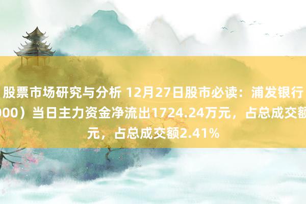 股票市场研究与分析 12月27日股市必读：浦发银行（600000）当日主力资金净流出1724.24万元，占总成交额2.41%