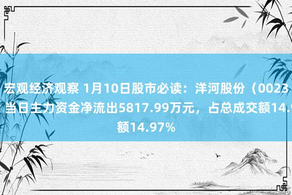 宏观经济观察 1月10日股市必读：洋河股份（002304）当日主力资金净流出5817.99万元，占总成交额14.97%