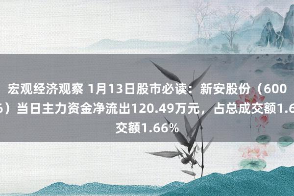 宏观经济观察 1月13日股市必读：新安股份（600596）当日主力资金净流出120.49万元，占总成交额1.66%