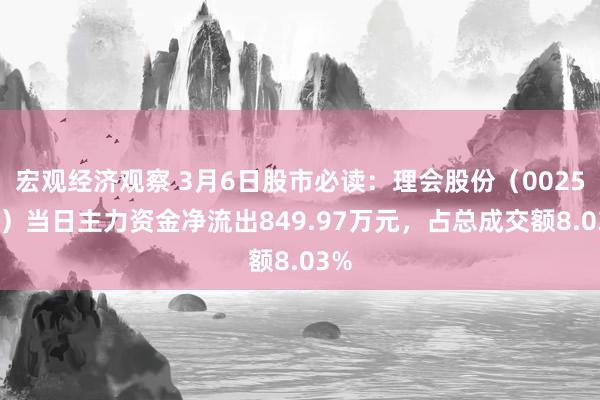 宏观经济观察 3月6日股市必读：理会股份（002560）当日主力资金净流出849.97万元，占总成交额8.03%